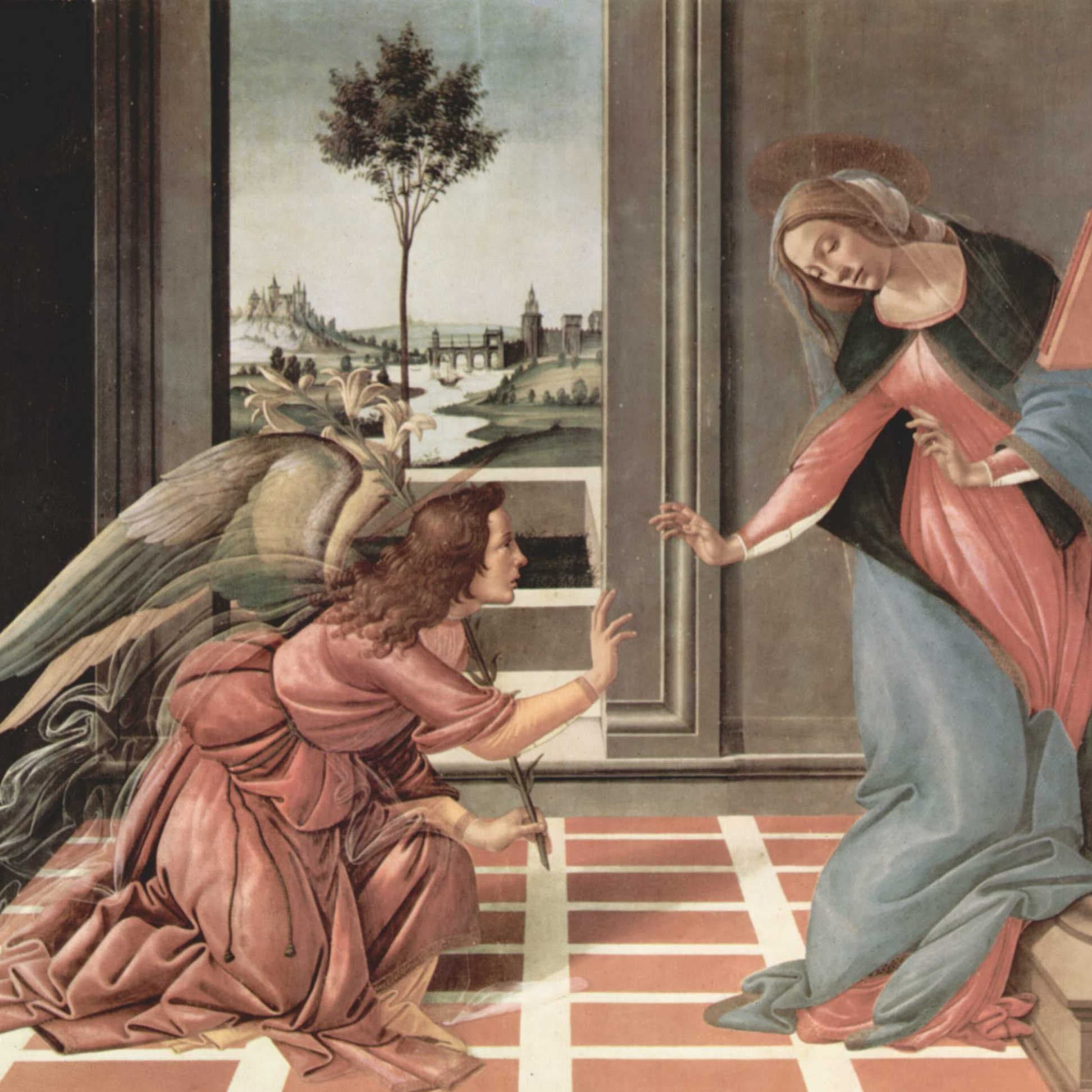 受胎告知 1489年頃のボッティチェッリに描かれ、ウフィツィ美術館に収蔵されている。